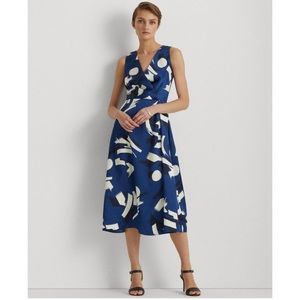 LAUREN RALPH LAUREN Geometric-Print Surplice Neckline Sleeveless Dress in Blue